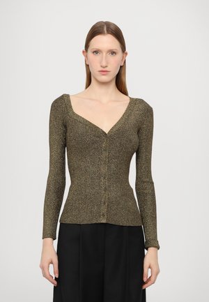 Long-sleeve, V-neck cardigan in metallic olive green ribbed fabric, featuring a fitted shape and button front detail.