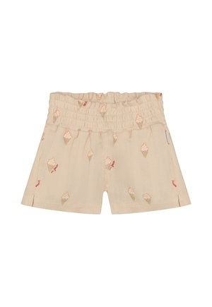 Beige Shorts mit einer gerippten Textur, die ein sich wiederholendes Muster von Eistüten in sanften Farben zeigt. Elastischer Bund für eine verstellbare Passform.