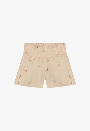 Beige korte broek met een geribbelde textuur, voorzien van een herhalend patroon van ijsjes in zachte kleuren. Elastische tailleband voor een verstelbare pasvorm.