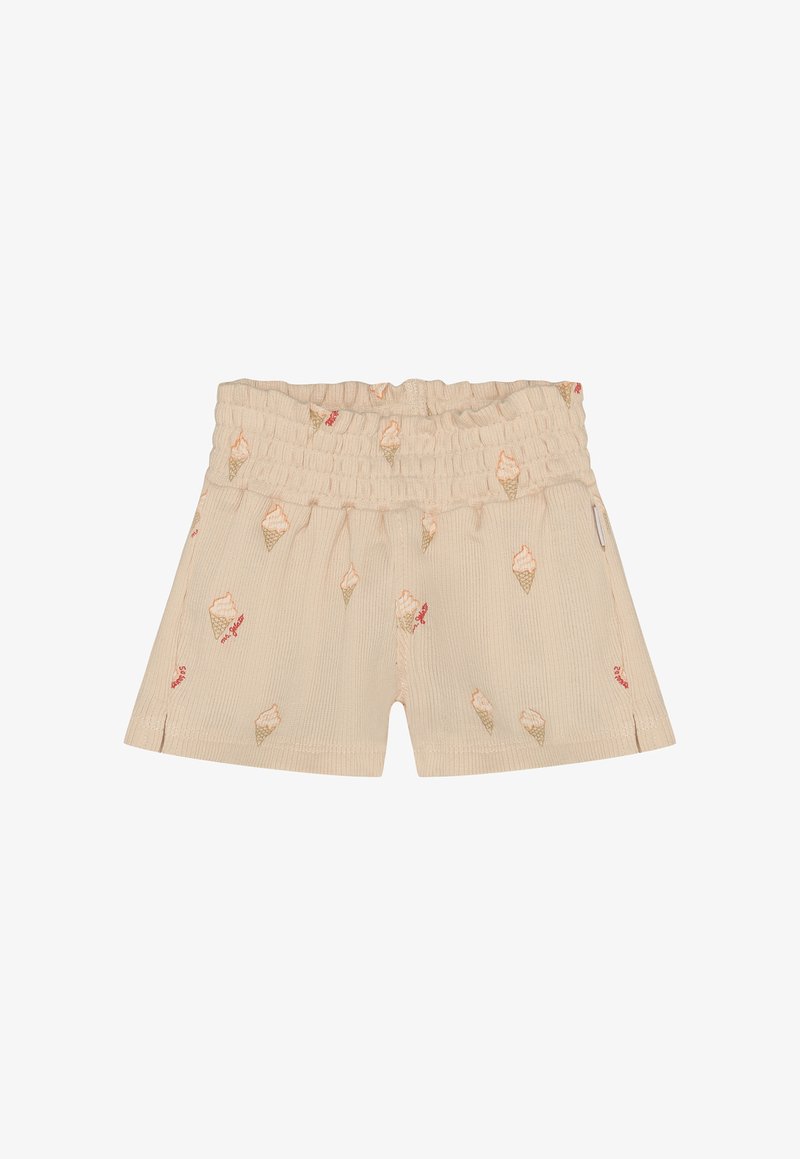 Short beige avec une texture côtelée, présentant un motif répétitif de cônes de glace aux couleurs douces. Taille élastique pour un ajustement réglable.