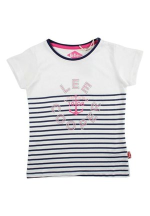 T-shirt à manches courtes rayé blanc et bleu marine avec une ancre rose et le logo circulaire "Lee Cooper London 1908" sur le devant.