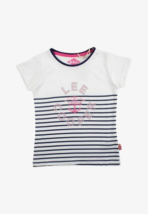 T-shirt à manches courtes rayé blanc et bleu marine avec une ancre rose et le logo circulaire "Lee Cooper London 1908" sur le devant.