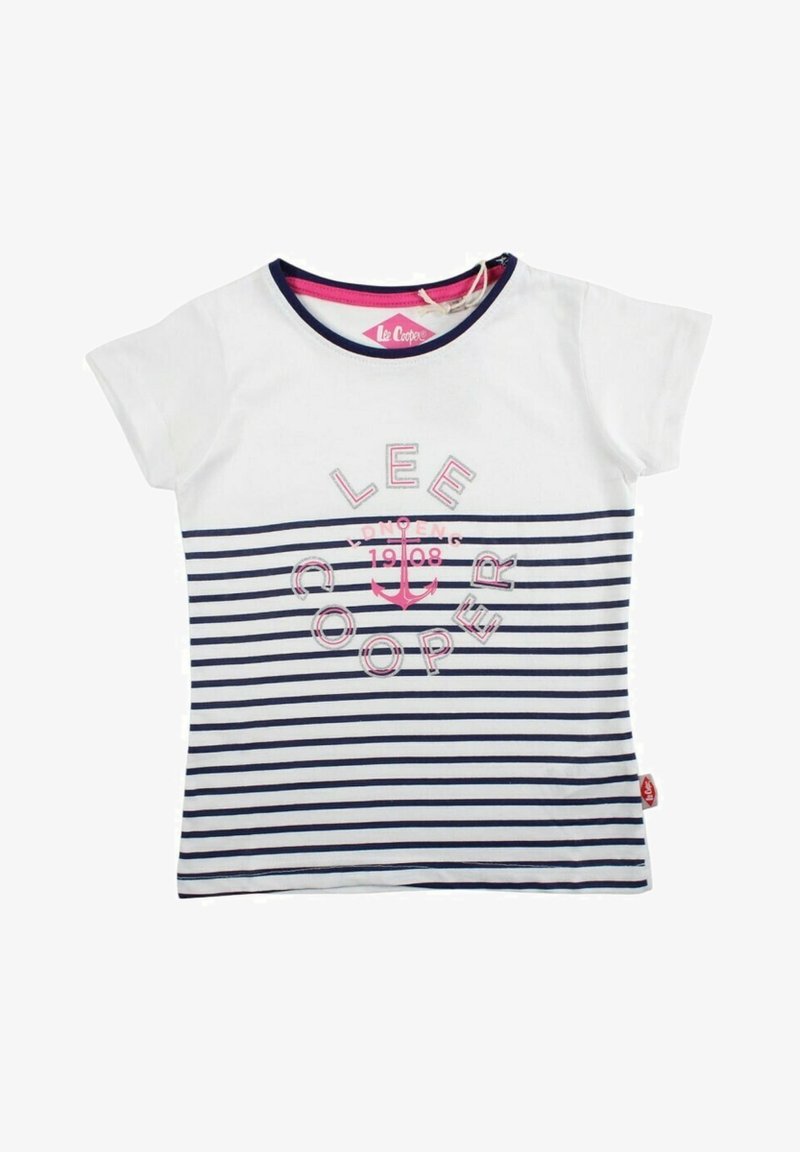 T-shirt à manches courtes rayé blanc et bleu marine avec une ancre rose et le logo circulaire "Lee Cooper London 1908" sur le devant.
