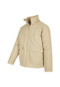 Beige Jacke mit Reißverschluss vorne, hohem Kragen, zwei Fronttaschen und boxy Design. Hergestellt aus glattem, leichtem Material.