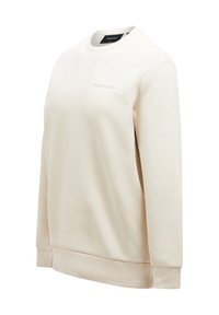 Felpa color beige chiaro con collo a giro, polsini e orlo a costine. Presenta un ricamo del logo sottile sul petto. Realizzata in tessuto morbido.