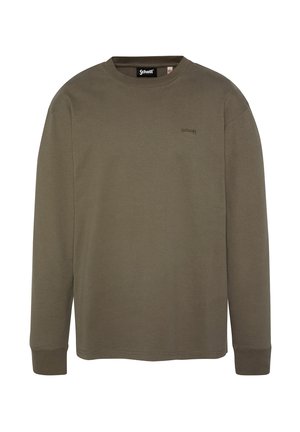 Langärmliges olivgrünes Sweatshirt aus Baumwolle mit Rundhalsausschnitt und kleinem Logo auf der Brust. Weiche Textur mit gerippten Bündchen.