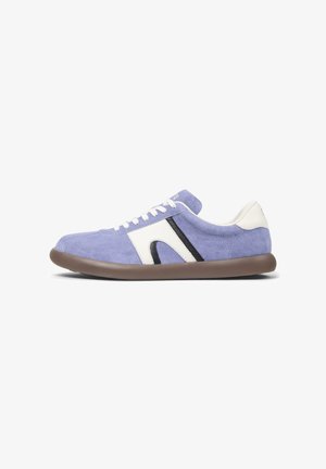 Suede sneakers in light purple with white and black accents. Features a rounded toe and flexible brown rubber sole; lace-up design.
