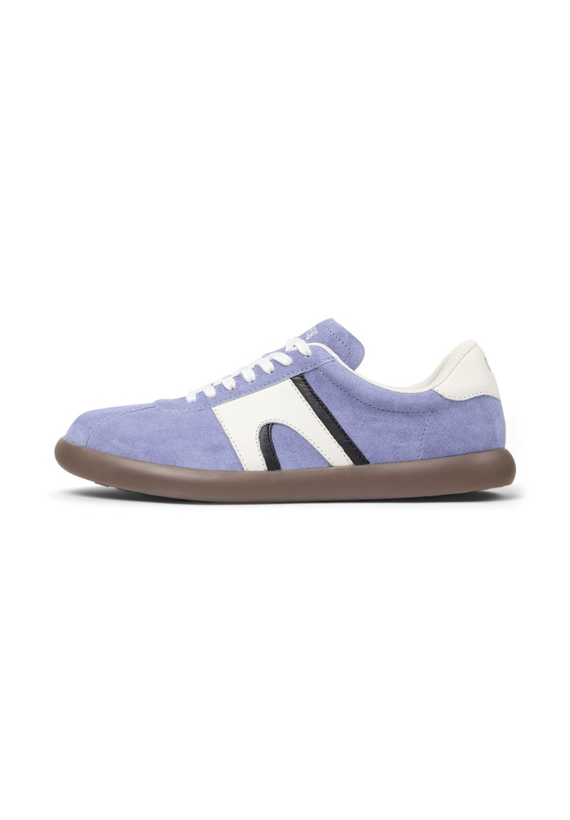 Suede sneakers in light purple with white and black accents. Features a rounded toe and flexible brown rubber sole; lace-up design.