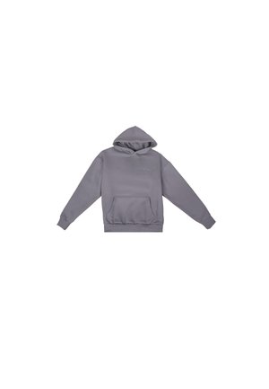 Hoodie gris en matière douce, avec une poche avant, des manches longues et une capuche réglable à cordon. Design minimaliste.