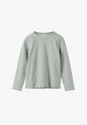 Lysegrøn ribbet langærmet skjorte med små hjerte mønstre og rynkede kanter på ærmer og kant, til børn i alderen 5-6 år.