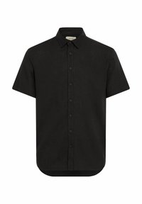 Cămașă neagră cu mâneci scurte, dintr-un material ușor, cu închidere butonată și un tiv curbat. Textură subtilă cu un design clasic al gulerului.