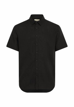 Chemise noire à manches courtes en matériau léger, avec une fermeture à boutons à l'avant et un ourlet incurvé. Texture subtile avec un design de col classique.