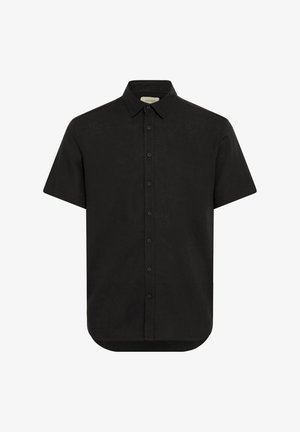 Short-sleeve black shirt in a lightweight material featuring a button-up front and a curved hem. Subtle texture with a classic collar design.