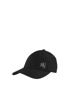 Black baseball cap with curved brim and a small black patch featuring white stylized "KL" letters on the front panel.