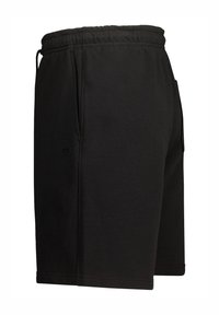 Black athletic shorts made of soft fabric, featuring an elastic waistband, side pockets, and a simple logo accent on the front.