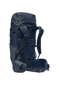 Zaino da trekking blu scuro con spallacci imbottiti, supporto dorsale in rete, tasche laterali e cintura in vita regolabile per il massimo comfort.