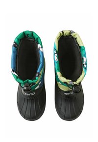 Czarne gumowe kalosze z kolorowym, wzorzystym mankietem tekstylnym w niebieskie i zielone akcenty, ze ściągaczem i teksturowaną podeszwą.