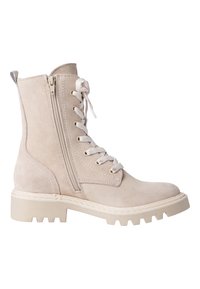 Botte de combat en daim beige à lacets avec fermeture éclair latérale, col rembourré et semelle en caoutchouc épaisse à crampons profonds.