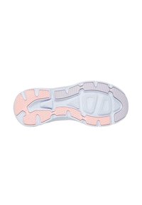 Suola della scarpa con una base principalmente bianca e accenti rosa. Presenta motivi di presa testurizzati e un design segmentato per flessibilità e aderenza.