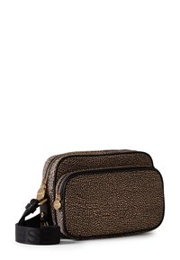 Black and gold speckled crossbody bag with two zippered compartments, textured surface, and a logo-embossed adjustable strap.