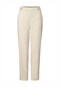 Light beige trousers made of textured fabric, featuring a flat front, two buttons at the waist, and a tapered ankle design.