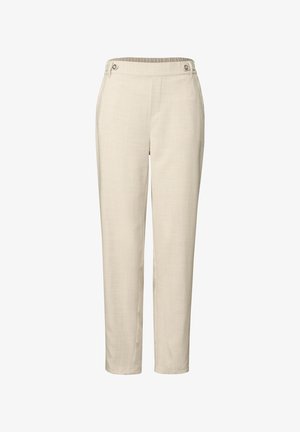 Light beige trousers made of textured fabric, featuring a flat front, two buttons at the waist, and a tapered ankle design.
