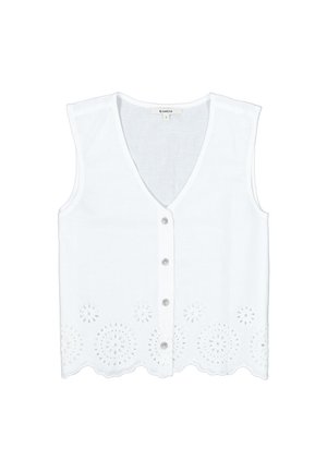 Weißes ärmelloses Oberteil mit V-Ausschnitt, Knopfverschluss und einem gezackten Saum mit floraler Lochstickerei entlang des unteren Randes.