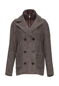 Mäntel im Fischgrätmuster aus braunem Tweed, mit doppelter Knopfleiste, schwarzen Knöpfen und einem bordeauxfarbenen Innenfutter.