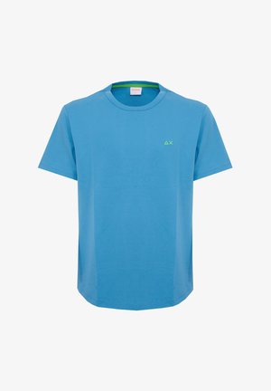 Light blue short-sleeve crew neck t-shirt with small green triangle and X logo on left chest and green inner collar trim.