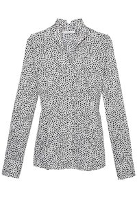 Chemise blanche à manches longues avec boutons, motif de points noirs irréguliers et col classique.