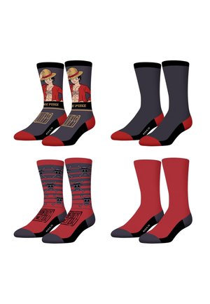 Quatre paires de chaussettes montantes en noir et rouge, dont deux avec Monkey D. Luffy et des logos de crâne de l'anime One Piece, et deux paires de couleur unie.