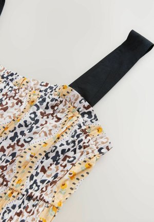 Abito multicolore caratterizzato da un tessuto con un motivo nei toni del marrone, giallo e nero, completato da spalline nere e vita arricciata.