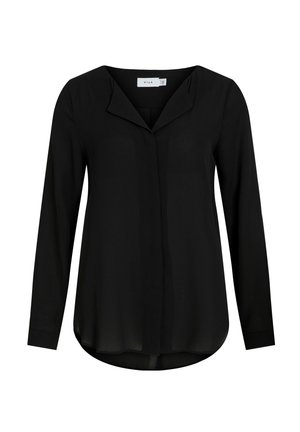 Blusa nera a maniche lunghe con scollatura a V, chiusura a bottoni e orlo curvo. Realizzata in tessuto leggero con una superficie liscia.