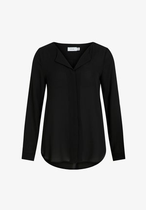 Crna bluzica dugih rukava s V-izrezom, prednjim dugmadi i zakrivljenim rubom. Izrađena od lagane tkanine s glatkom teksturom.