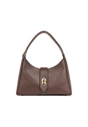 Borsa a tracolla in pelle marrone con una forma strutturata, caratterizzata da una maniglia curva e una chiusura con gancio in tono oro sul fronte. Finitura testurizzata.