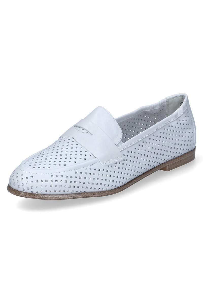 White leather loafers with perforated detail and a flat sole. Features a smooth upper and a decorative band across the vamp.