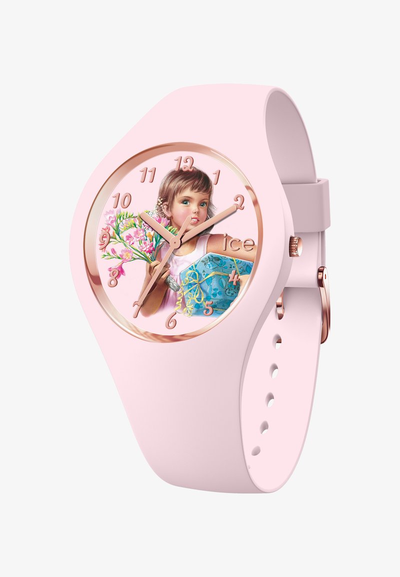 Rozā silikona rokas pulkstenis ar apaļu seju, kurā attēlota meitene, kas tur puķes, un ko papildina rozā zelta stundu rādītāji un adatas.