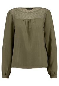 Blusa verde oliva con maniche lunghe, scollo rotondo, pannello superiore trasparente testurizzato, scollatura arricciata e polsini elasticizzati.