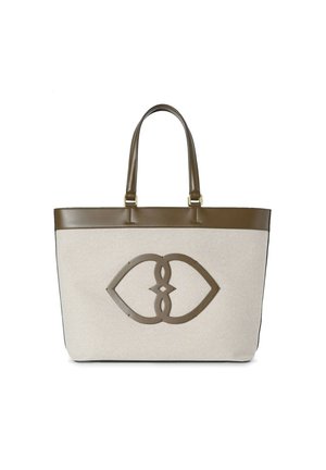 Borsa a tracolla in tela beige con dettagli in pelle marrone, caratterizzata da un grande motivo a loop intrecciato sul davanti e doppi manici in pelle.
