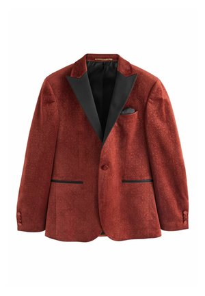 Roter strukturierter Smoking-Jackett mit schwarzen Satin-Revers, Ein-Knopf-Verschluss und Einstecktuch. Verfügt über schwarze Paspelierungen und geknöpfte Manschetten.