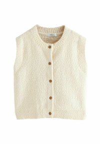 Cardigan senza maniche color crema con lavorazione a maglia testurizzata, scollatura rotonda, cinque bottoni marroni sul davanti e orlo a coste.