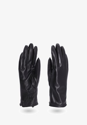 Guanti in pelle nera con una texture liscia, design aderente, lunghi polsini e elastico arricciato al polso per una vestibilità comoda.