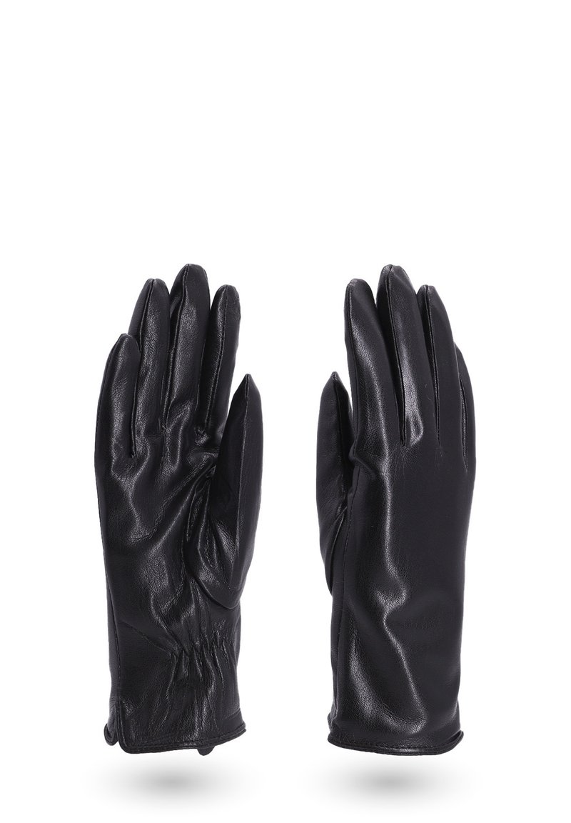 Guanti in pelle nera con una texture liscia, design aderente, lunghi polsini e elastico arricciato al polso per una vestibilità comoda.