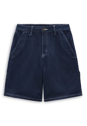 Pantalones cortos vaqueros azul oscuro con botón frontal, cremallera, trabillas para cinturón, bolsillos laterales y corte relajado.