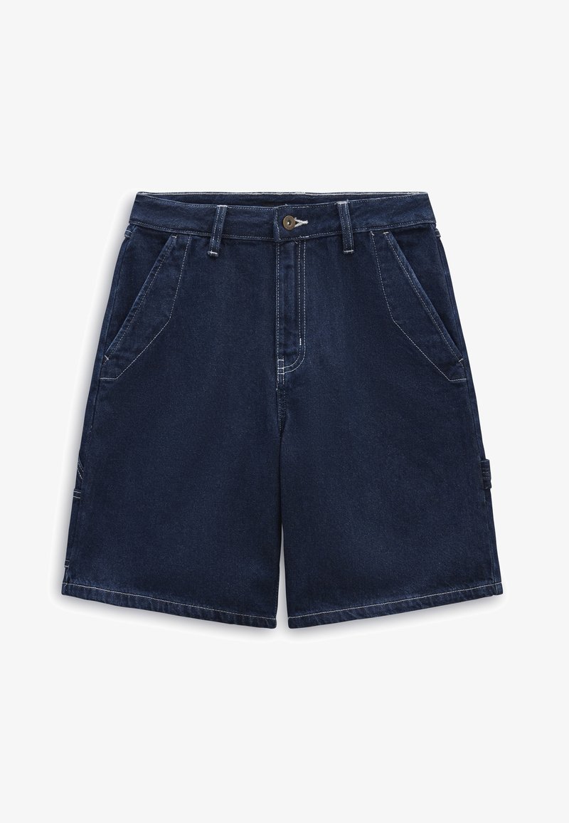 Short en jean bleu foncé avec bouton à l'avant, fermeture éclair, passants de ceinture, poches latérales et coupe décontractée.