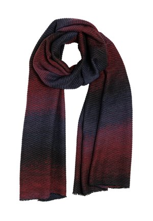 Long knitted scarf with ribbed texture in dark red and black gradient tones, loosely looped at the top.
