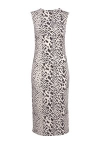 Rukávová šaty v svetlej béžovej farbe s čiernou zvieracou potlačou, so striedajúcimi sa vzormi škvrn a pruhov, priliehavý strih, dĺžka po kolená.