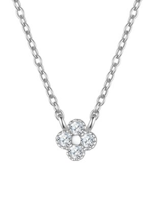 Silver chain necklace with a four-round-cut diamond cluster arranged in a floral shape pendant.