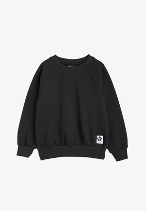 Sweatshirt noir avec des manches raglan, un ourlet et des poignets élastiqués. Il présente un petit logo de panda blanc en bas à droite. Fabriqué en matériau doux.