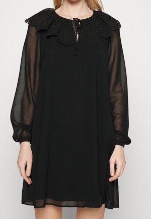 Robe noire avec un col superposé et brodé. Manches longues transparentes rassemblées aux poignets. Fermeture à nouer au niveau du cou. Texture de tissu lisse.
